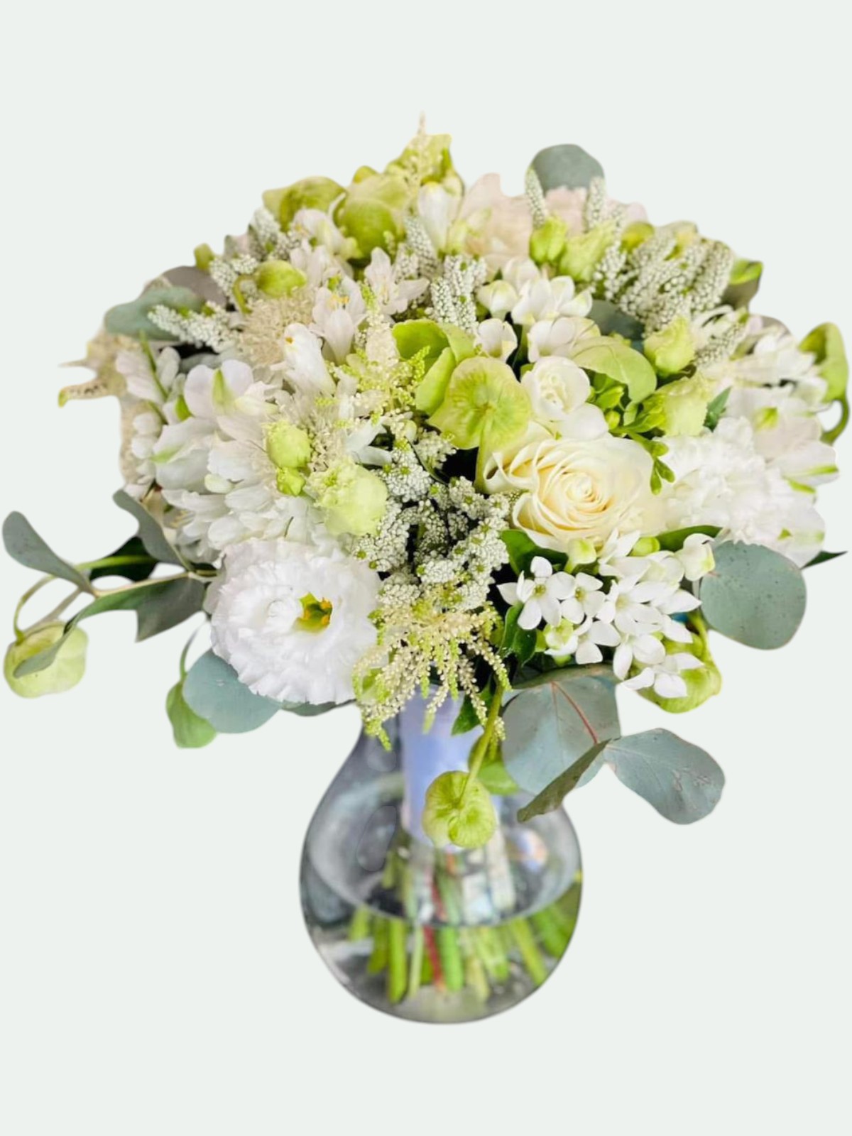 Buchet mireasă premium alb-verde cu orhidee cymbidium, trandafiri ivory, astilbe, ornitogalum și eucalipt – Florăria Iedera Jibou
