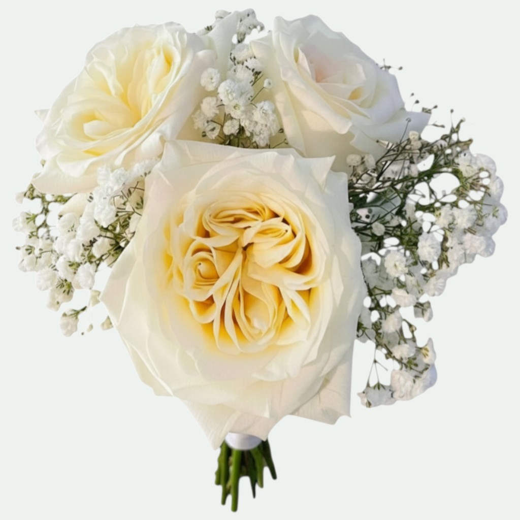 Buchet nașă mini cu trandafiri ivory garden și gypsophila albă – Florăria Iedera Jibou