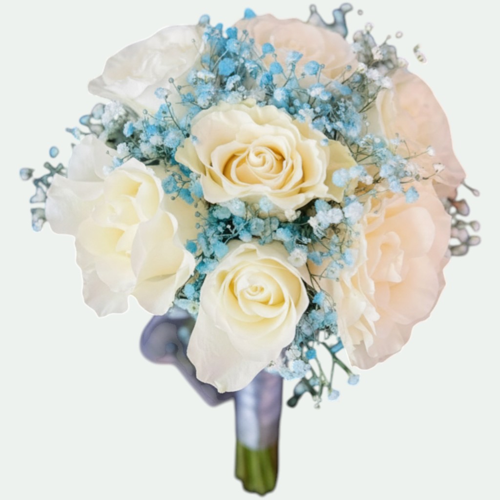 Buchet nașă cu trandafiri ivory și gypsophila bleu – Florăria Iedera Jibou