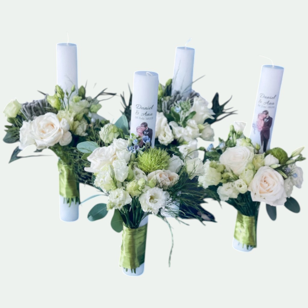 Lumânări cununie albe rustice cu floarea-soarelui, spice de grâu, eustoma și gypsophila – Florăria Iedera Jibou