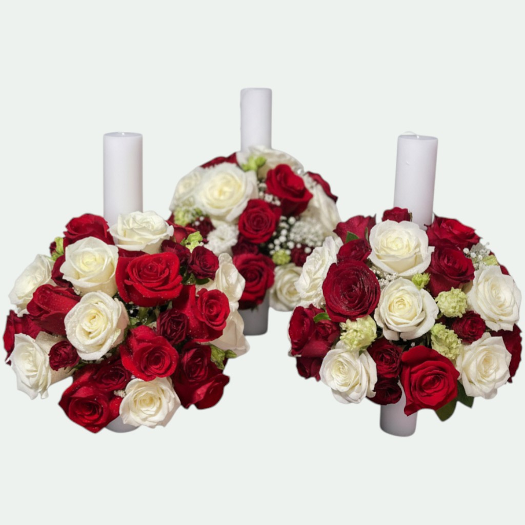Lumânări cununie albe cu trandafiri roșii și albi și gypsophila – Florăria Iedera Jibou